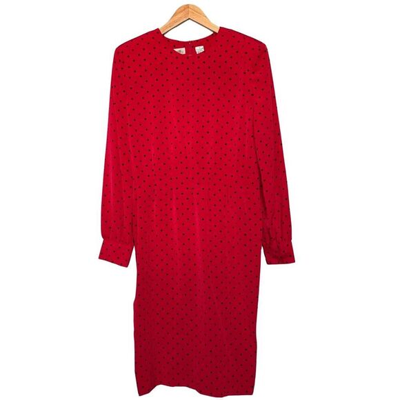 Ms Chaus Womens Dress Long Sleeve Red & Black Polka Dot Size 12 Vintage Holiday - Picture 2 of 11
